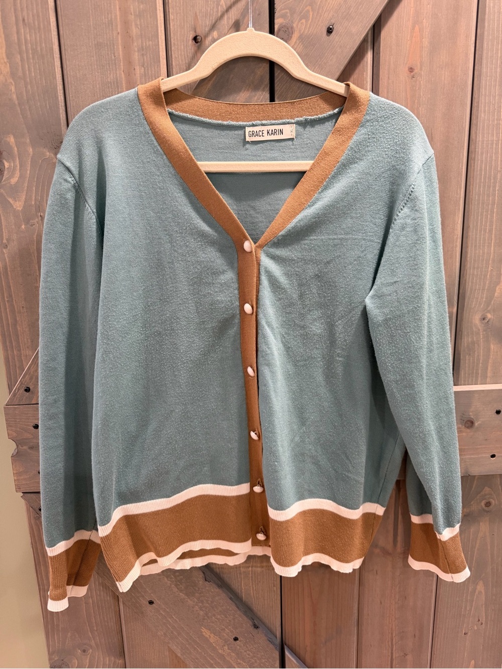 Grace Karin XL Colorblock Button Front Cardigan Blue Tan White Lightweight Knit